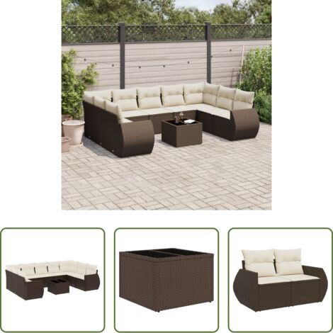 vidaXL Tavolo da giardino -  Set Divani da Giardino 10pz con Cuscini in Polyrattan Marrone