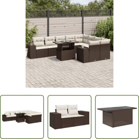 vidaXL Tavolo da giardino -  Set Divani da Giardino 10pz con Cuscini in Polyrattan Marrone