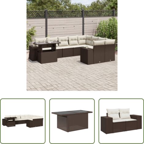 vidaXL Tavolo da giardino -  Set Divani da Giardino 10pz con Cuscini in Polyrattan Marrone