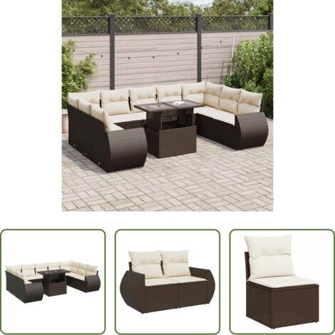 vidaXL Tavolo da giardino -  Set Divani da Giardino 10pz con Cuscini in Polyrattan Marrone
