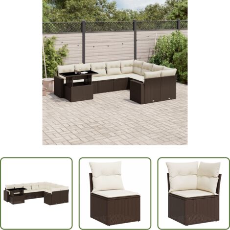 vidaXL Tavolo da giardino -  Set Divani da Giardino 10pz con Cuscini in Polyrattan Marrone