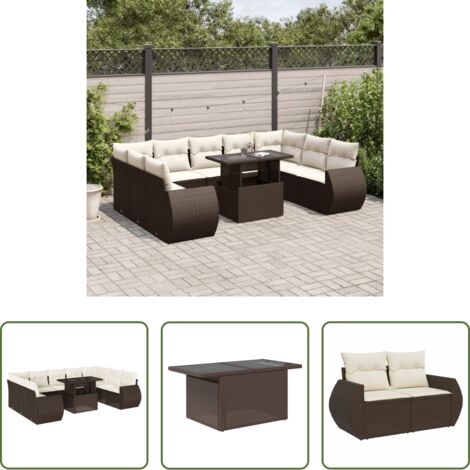 vidaXL Tavolo da giardino -  Set Divani da Giardino 10pz con Cuscini in Polyrattan Marrone
