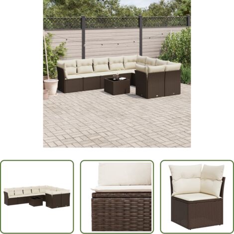 vidaXL Tavolo da giardino -  Set Divani da Giardino 10pz con Cuscini in Polyrattan Marrone
