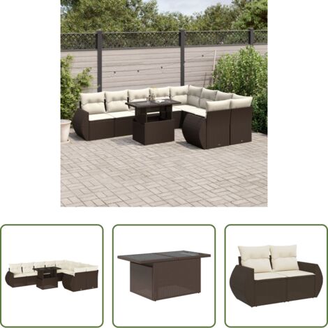 vidaXL Tavolo da giardino -  Set Divani da Giardino 10pz con Cuscini in Polyrattan Marrone