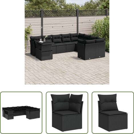 vidaXL Tavolo da giardino -  Set Divani da Giardino 10pz con Cuscini in Polyrattan Nero