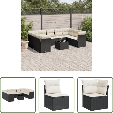 vidaXL Tavolo da giardino -  Set Divani da Giardino 10pz con Cuscini in Polyrattan Nero