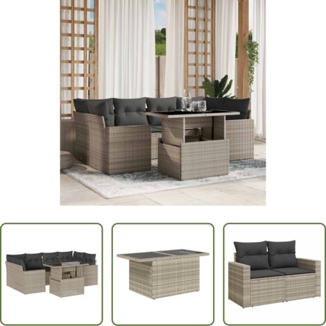 vidaXL Tavolo da giardino -  Set Divani da Giardino 7pz con Cuscini Grigio Chiaro Polyrattan