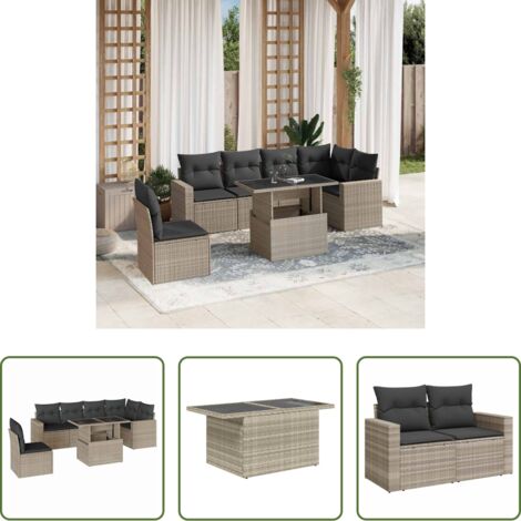 vidaXL Tavolo da giardino -  Set Divani da Giardino 7pz con Cuscini Grigio Chiaro Polyrattan
