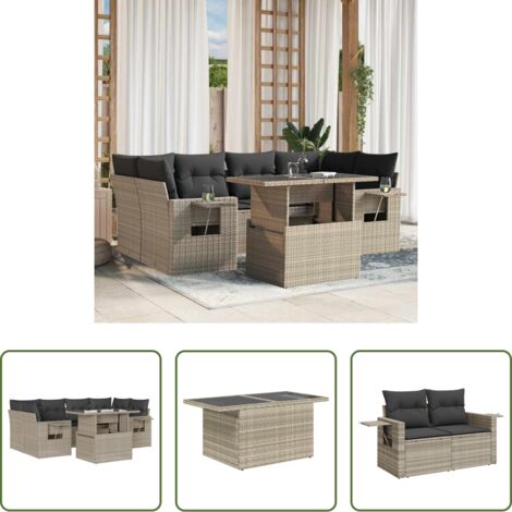 vidaXL Tavolo da giardino -  Set Divani da Giardino 7pz con Cuscini Grigio Chiaro Polyrattan