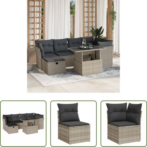 vidaXL Tavolo da giardino -  Set Divani da Giardino 7pz con Cuscini Grigio Chiaro Polyrattan