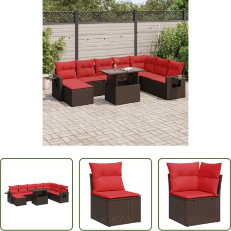 vidaXL Tavolo da giardino -  Set Divani da Giardino 9 pz con Cuscini Marrone Polyrattan Acacia