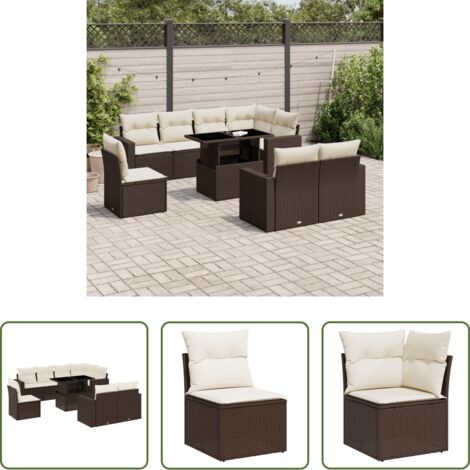vidaXL Tavolo da giardino -  Set Divani da Giardino 9pz con Cuscini Marrone in Polyrattan