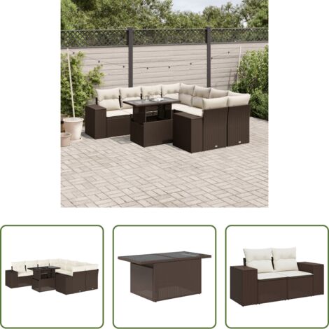 vidaXL Tavolo da giardino -  Set Divani da Giardino 9pz con Cuscini Marrone in Polyrattan