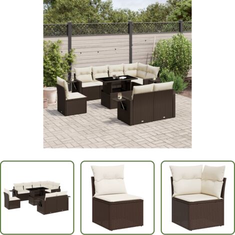 vidaXL Tavolo da giardino -  Set Divani da Giardino 9pz con Cuscini Marrone in Polyrattan