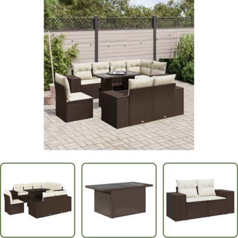 vidaXL Tavolo da giardino -  Set Divani da Giardino 9pz con Cuscini Marrone in Polyrattan