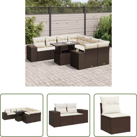 vidaXL Tavolo da giardino -  Set Divani da Giardino 9pz con Cuscini Marrone in Polyrattan