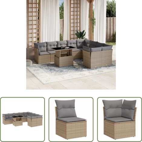 vidaXL Tavolo da giardino - Set Divano da Giardino 10 pz con Cuscini Beige in Polyrattan