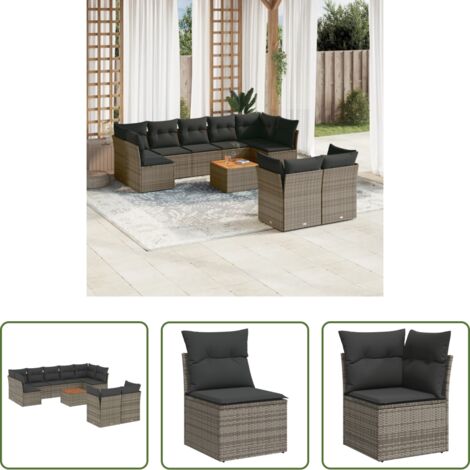vidaXL Tavolo da giardino - Set Divano da Giardino 10 pz con Cuscini Grigio in Polyrattan