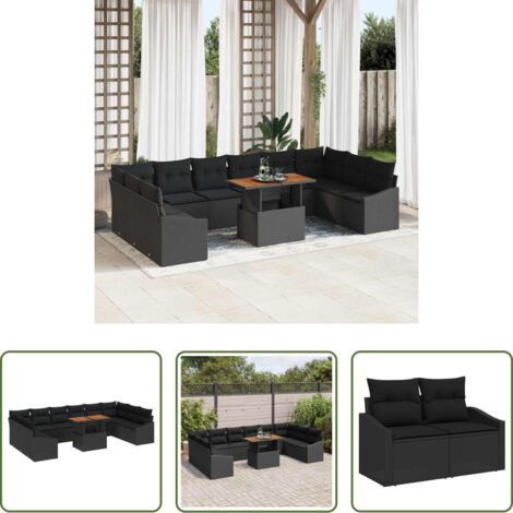 vidaXL Tavolo da giardino -  Set Divano da Giardino 11 pcs Nero Poly Rattan