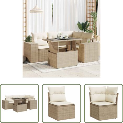 vidaXL Tavolo da giardino -  Set Divano da Giardino 5 pz con Cuscini Beige in Polyrattan