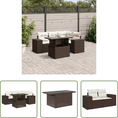 vidaXL Tavolo da giardino -  Set Divano da Giardino 5 pz con Cuscini Marrone in Polyrattan