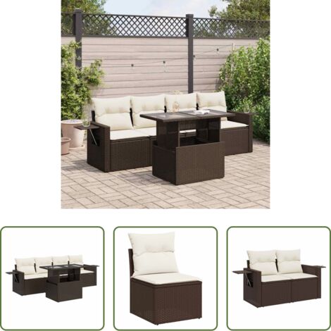vidaXL Tavolo da giardino -  Set Divano da Giardino 5 pz con Cuscini Marrone in Polyrattan