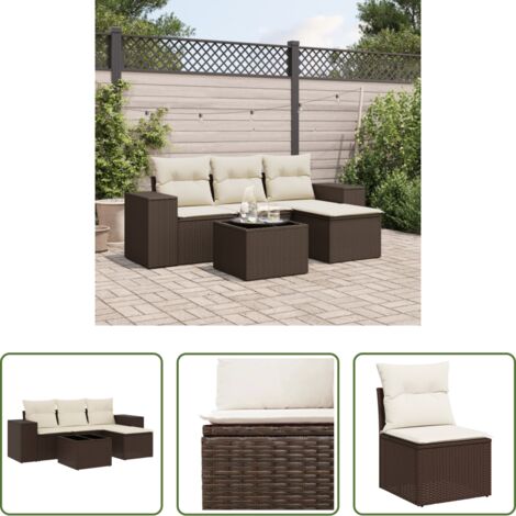 vidaXL Tavolo da giardino -  Set Divano da Giardino 5 pz con Cuscini Marrone in Polyrattan