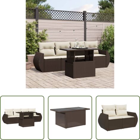 vidaXL Tavolo da giardino -  Set Divano da Giardino 5 pz con Cuscini Marrone in Polyrattan