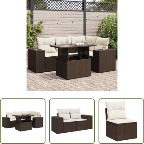 vidaXL Tavolo da giardino -  Set Divano da Giardino 5 pz con Cuscini Marrone in Polyrattan
