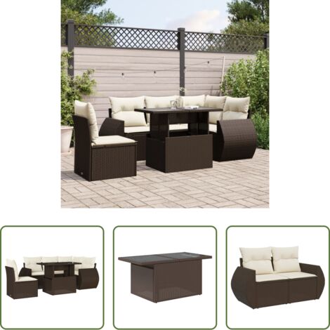 vidaXL Tavolo da giardino -  Set Divano da Giardino 6 pz con Cuscini Marrone in Polyrattan