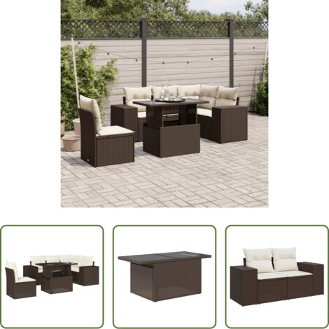 vidaXL Tavolo da giardino -  Set Divano da Giardino 6 pz con Cuscini Marrone in Polyrattan