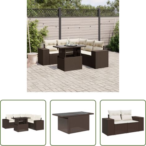 vidaXL Tavolo da giardino -  Set Divano da Giardino 6 pz con Cuscini Marrone in Polyrattan