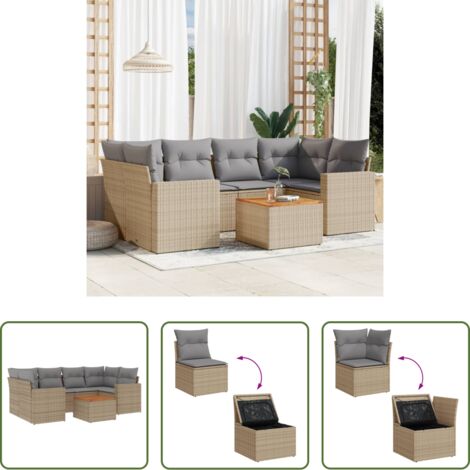 vidaXL Tavolo da giardino -  Set Divano da Giardino 7 pz con Cuscini Beige Misto Polyrattan