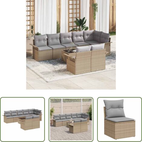vidaXL Tavolo da giardino -  Set Divano da Giardino con cuscino 9 pcs Beige Poly Rattan