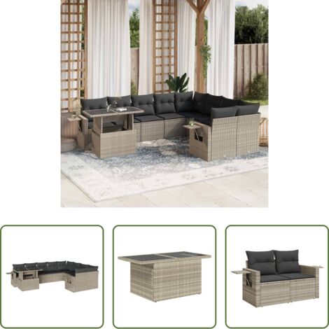 vidaXL Tavolo da giardino -  Set Divano Giardino 10 pz con Cuscini Grigio Chiaro Polyrattan