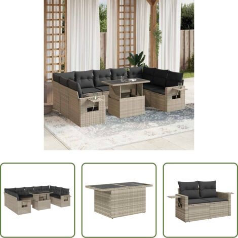 vidaXL Tavolo da giardino -  Set Divano Giardino 10 pz con Cuscini Grigio Chiaro Polyrattan