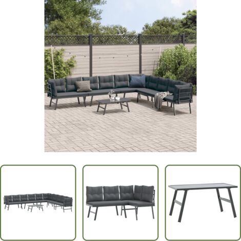 vidaXL Tavolo da giardino -  Set Panche Giardino Cuscini 5pz Nere Acciaio Verniciato Polvere