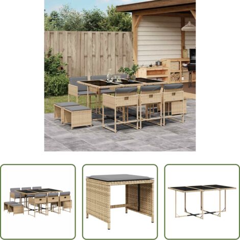 vidaXL Tavolo da giardino -  Set Pranzo da Giardino 11 pz con Cuscini Beige Misto Polyrattan
