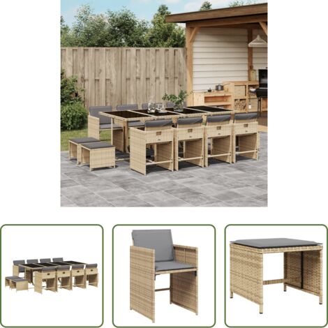 vidaXL Tavolo da giardino -  Set Pranzo da Giardino 13 pz con Cuscini Beige Misto Polyrattan