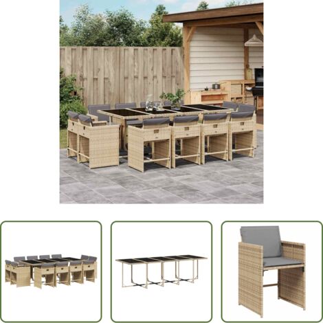vidaXL Tavolo da giardino -  Set Pranzo da Giardino 13 pz con Cuscini Beige Misto Polyrattan