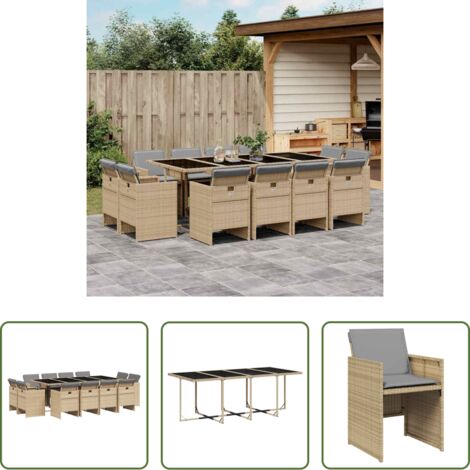 vidaXL Tavolo da giardino -  Set Pranzo da Giardino 13 pz con Cuscini Beige Misto Polyrattan