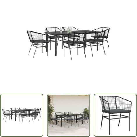 vidaXL Tavolo da giardino -  Set Pranzo da Giardino 7 pz Nero con Cuscini Polyrattan Vetro