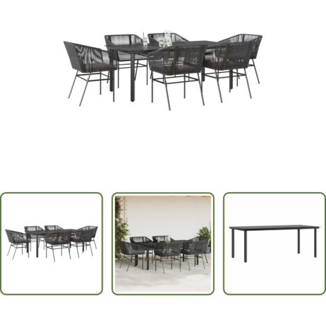 vidaXL Tavolo da giardino -  Set Pranzo da Giardino 7 pz Nero con Cuscini Polyrattan Vetro