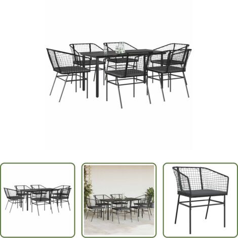 vidaXL Tavolo da giardino -  Set Pranzo da Giardino 7 pz Nero con Cuscini Polyrattan Vetro