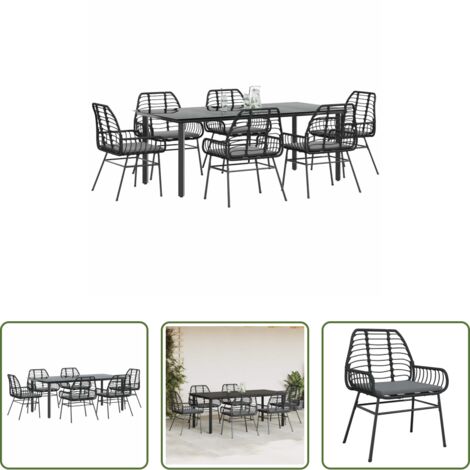 vidaXL Tavolo da giardino -  Set Pranzo da Giardino 7 pz Nero con Cuscini Polyrattan Vetro