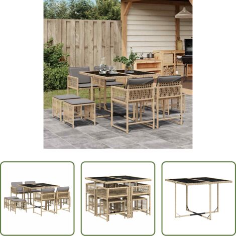 vidaXL Tavolo da giardino -  Set Pranzo da Giardino 9 pz con Cuscini Beige Misto Polyrattan