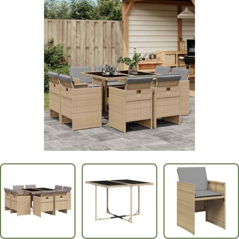 vidaXL Tavolo da giardino -  Set Pranzo da Giardino 9 pz con Cuscini Beige Misto Polyrattan