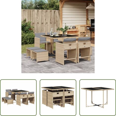 vidaXL Tavolo da giardino -  Set Pranzo da Giardino 9 pz con Cuscini Beige Misto Polyrattan