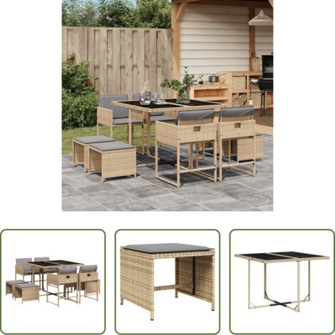 vidaXL Tavolo da giardino -  Set Pranzo da Giardino 9 pz con Cuscini Beige Misto Polyrattan