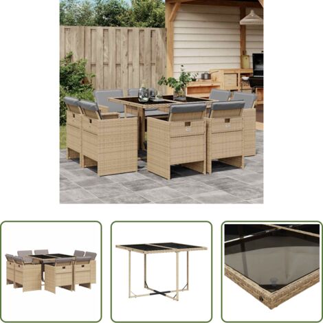 vidaXL Tavolo da giardino -  Set Pranzo da Giardino 9 pz con Cuscini Beige Misto Polyrattan